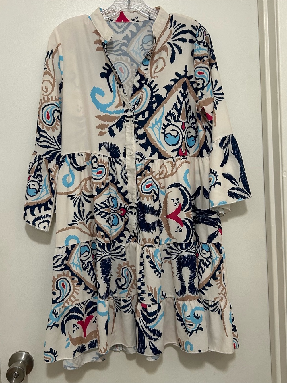 Boho Paisley Printed Tiered Mini Shirt Dress Small Bell Sleeve Button Front Up